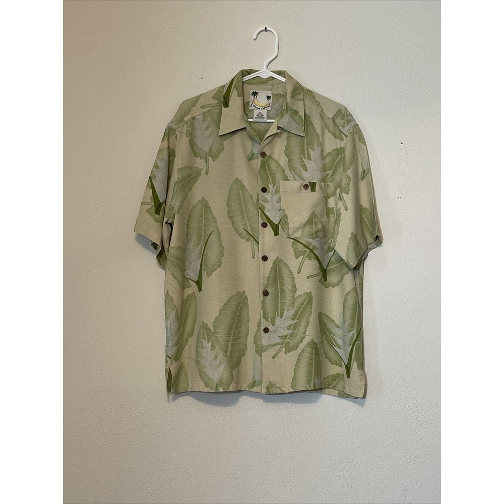 BANANA CABANA Men’s L Silk Hawaiian Shirt Green Tropical